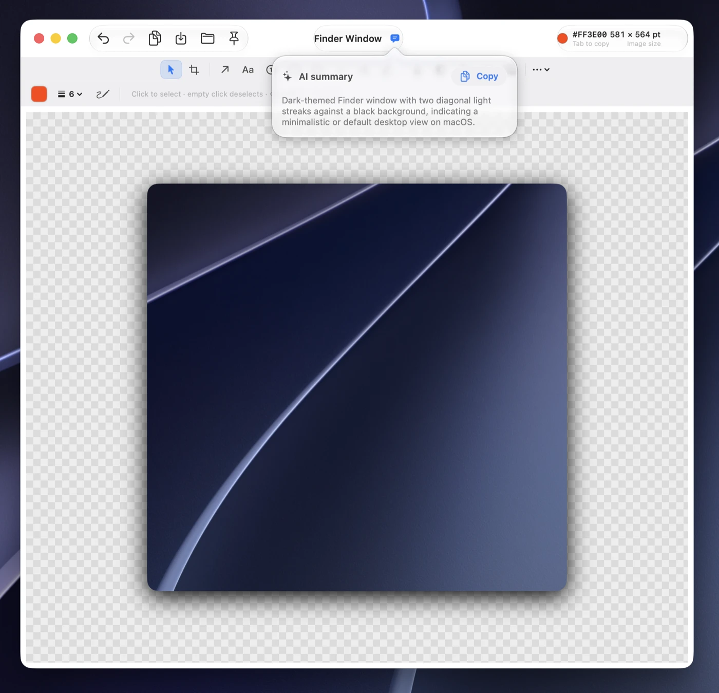 The Shotbar editor: a capture on a checkerboard canvas, the markup toolbar, a colour and size readout, and an AI-written summary in a popover.