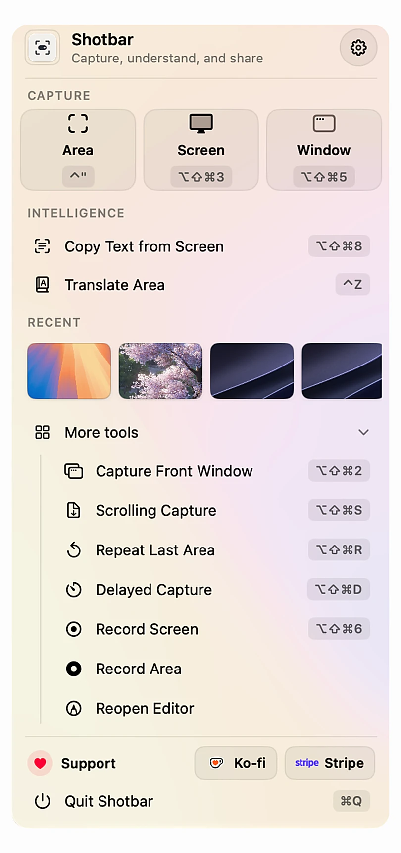 The Shotbar menu-bar popover: Capture (area, screen, window), Copy Text from Screen, Translate Area, recent captures, and more tools.