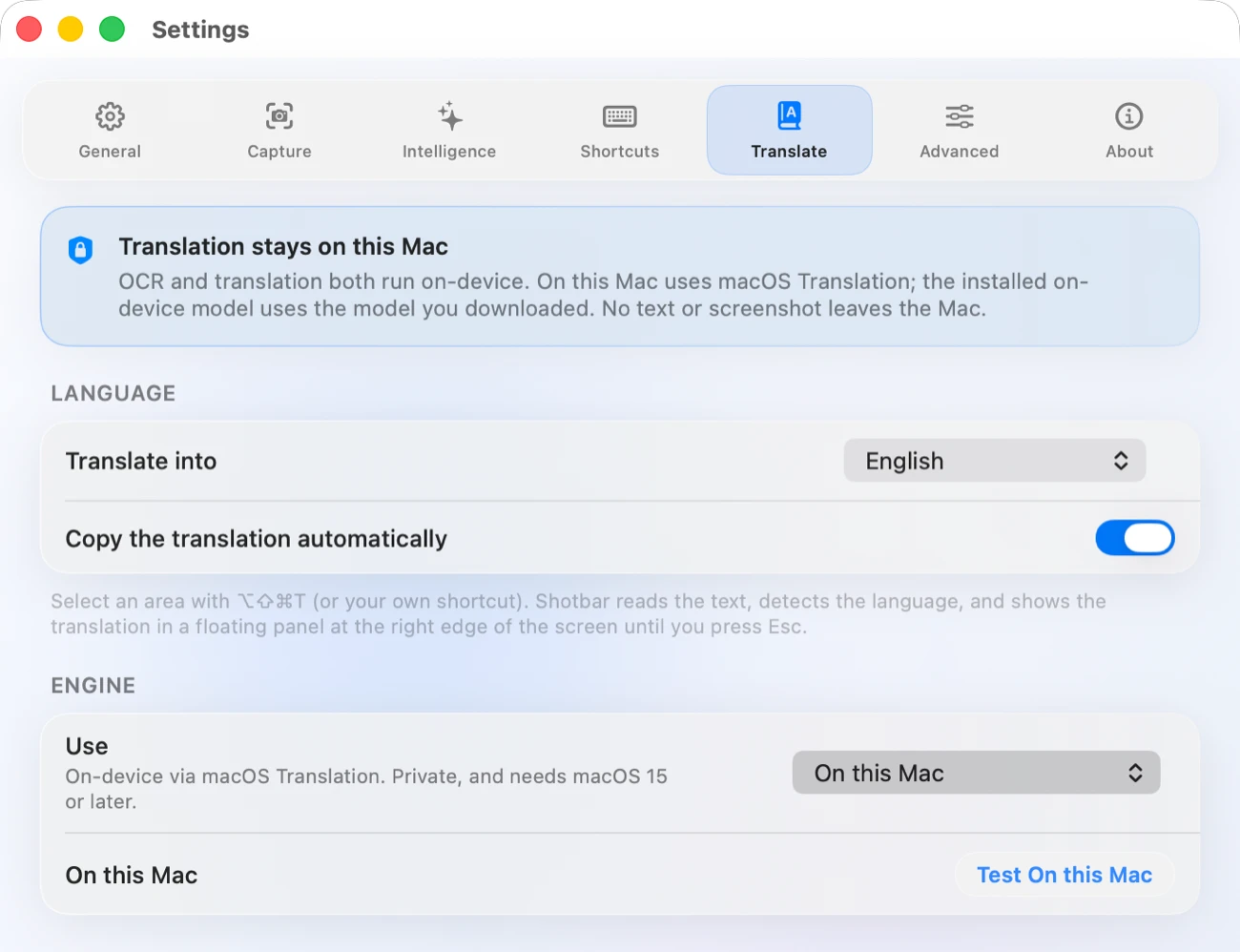 Settings → Translate: a callout reading 'Translation stays on this Mac', a target-language picker, and an engine picker set to 'On this Mac'.